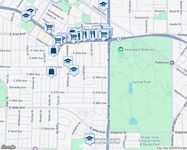 map of restaurants, bars, coffee shops, grocery stores, and more near 3571 East 46th Avenue in Vancouver