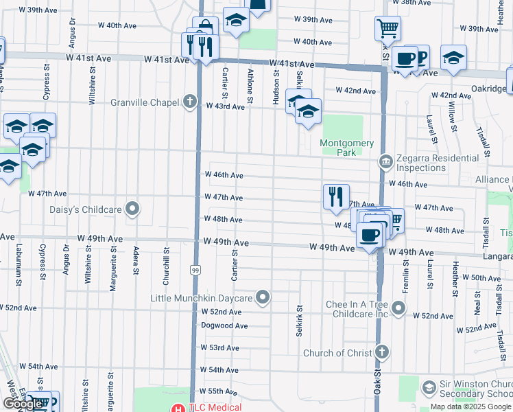 map of restaurants, bars, coffee shops, grocery stores, and more near 1344 West 47th Avenue in Vancouver