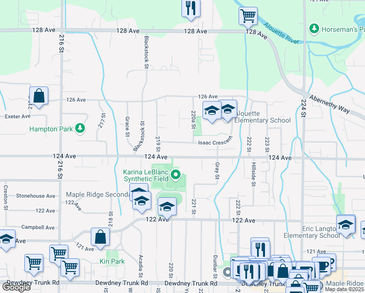 map of restaurants, bars, coffee shops, grocery stores, and more near 22012 Isaac Crescent in Maple Ridge