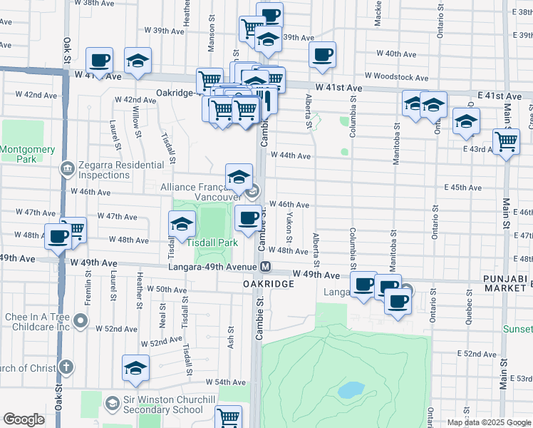 map of restaurants, bars, coffee shops, grocery stores, and more near 6238 Cambie Street in Vancouver