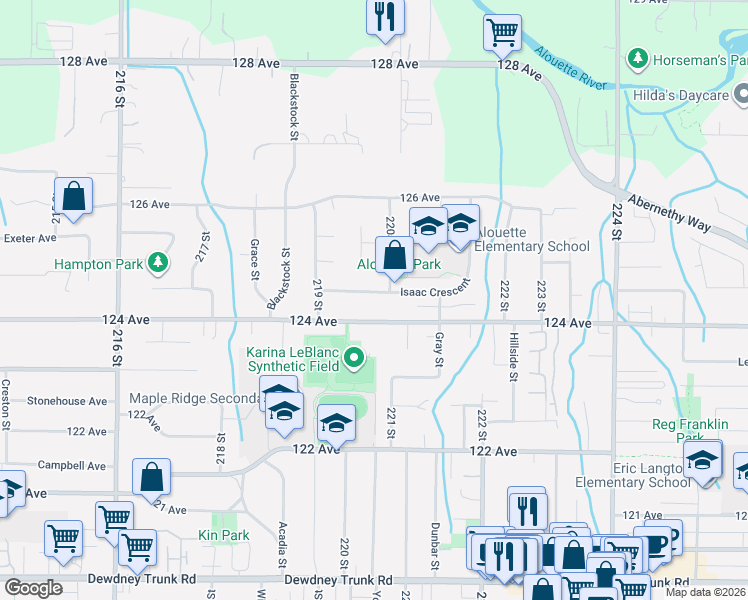 map of restaurants, bars, coffee shops, grocery stores, and more near 22012 Isaac Crescent in Maple Ridge