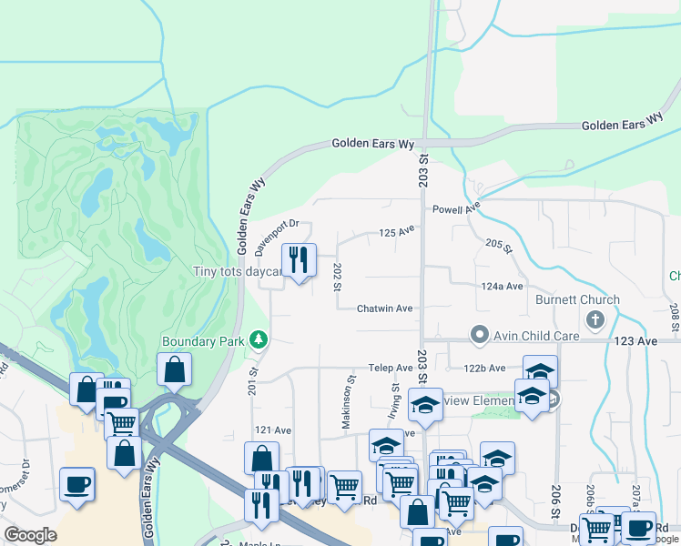 map of restaurants, bars, coffee shops, grocery stores, and more near 12425 202 Street in Maple Ridge