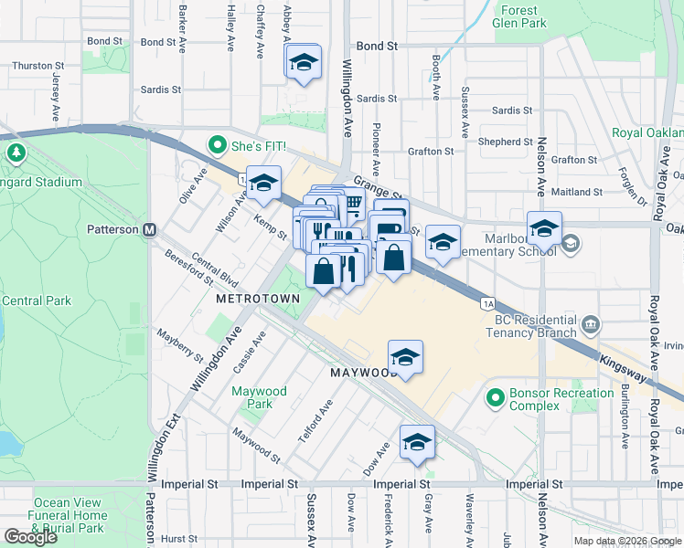 map of restaurants, bars, coffee shops, grocery stores, and more near 6080 McKay Avenue in Burnaby