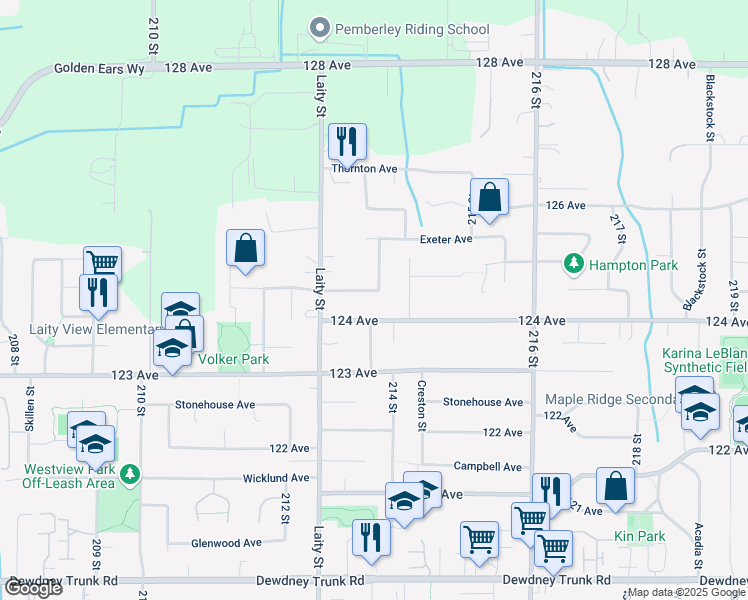 map of restaurants, bars, coffee shops, grocery stores, and more near 21350 Douglas Avenue in Maple Ridge