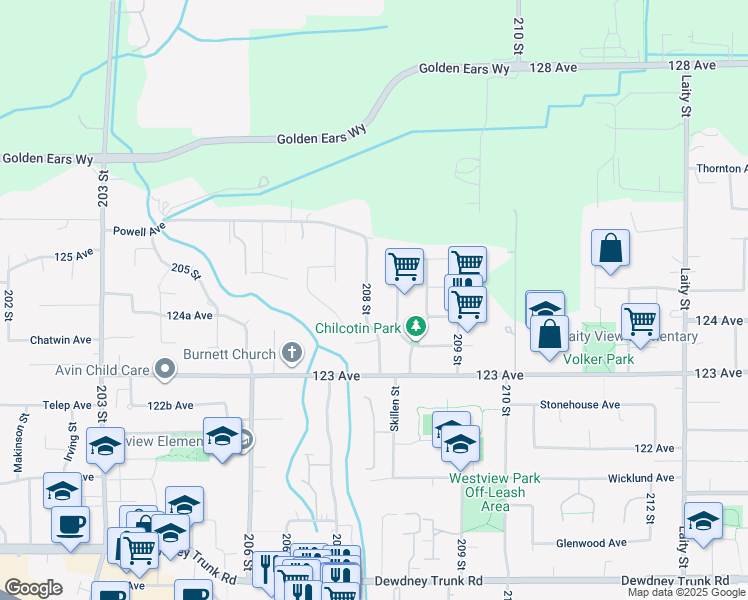 map of restaurants, bars, coffee shops, grocery stores, and more near 12430 208 Street in Maple Ridge
