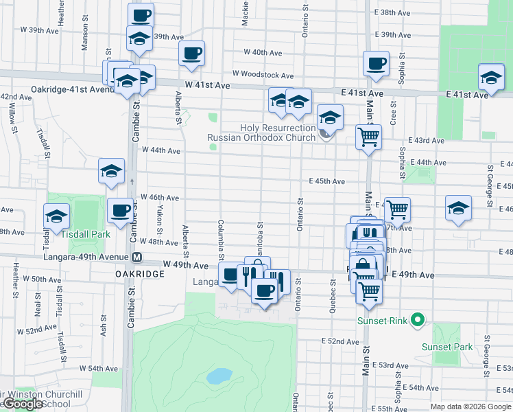map of restaurants, bars, coffee shops, grocery stores, and more near 108 West 46th Avenue in Vancouver