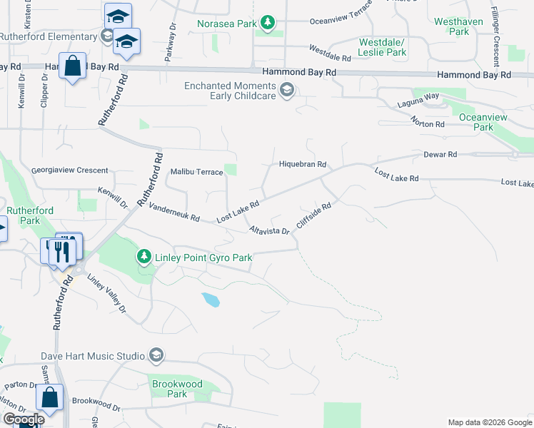 map of restaurants, bars, coffee shops, grocery stores, and more near 5547 Sunridge Place in Nanaimo
