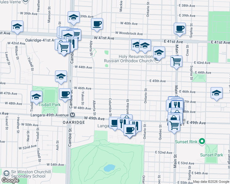 map of restaurants, bars, coffee shops, grocery stores, and more near 172 West 46th Avenue in Vancouver