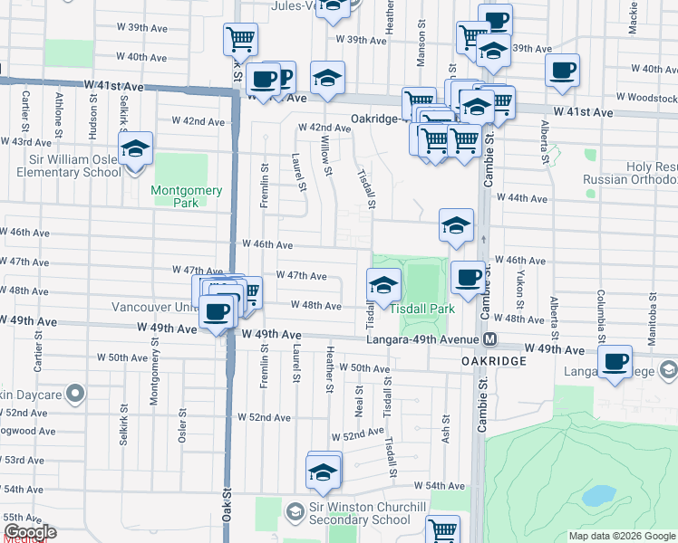 map of restaurants, bars, coffee shops, grocery stores, and more near 729 West 47th Avenue in Vancouver