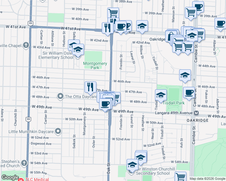 map of restaurants, bars, coffee shops, grocery stores, and more near 6292 Oak Street in Vancouver