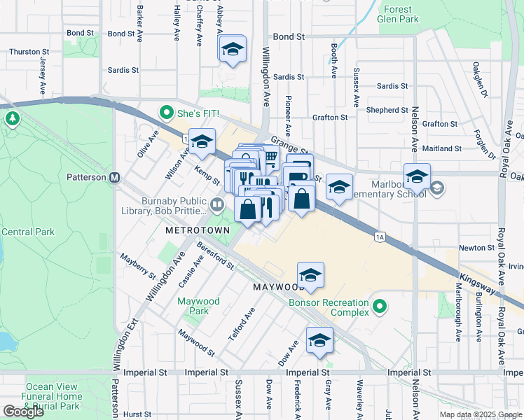 map of restaurants, bars, coffee shops, grocery stores, and more near 6080 McKay Avenue in Burnaby