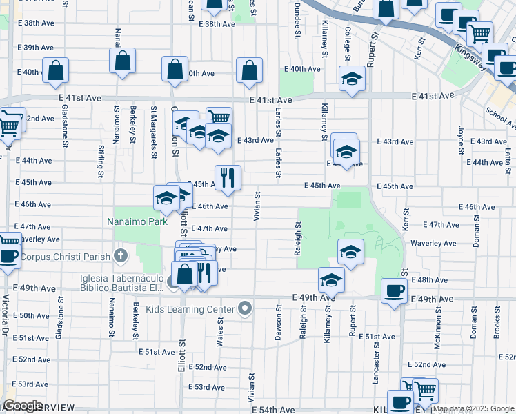 map of restaurants, bars, coffee shops, grocery stores, and more near E 46th Ave & Vivian St in Vancouver
