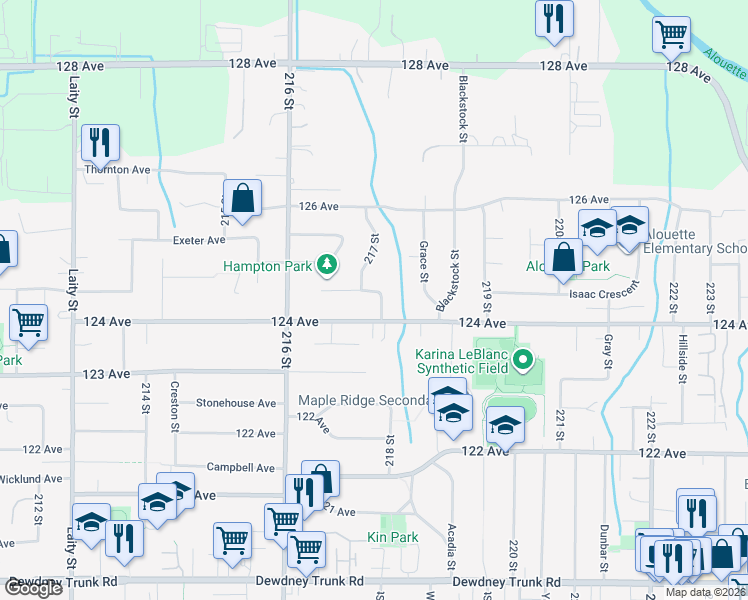 map of restaurants, bars, coffee shops, grocery stores, and more near 21746 125 Avenue in Maple Ridge