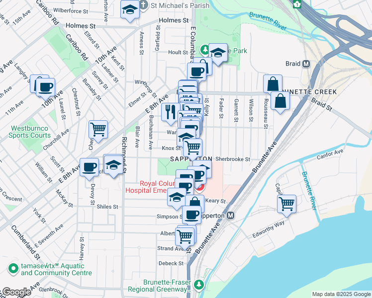 map of restaurants, bars, coffee shops, grocery stores, and more near 409 East Columbia Street in New Westminster