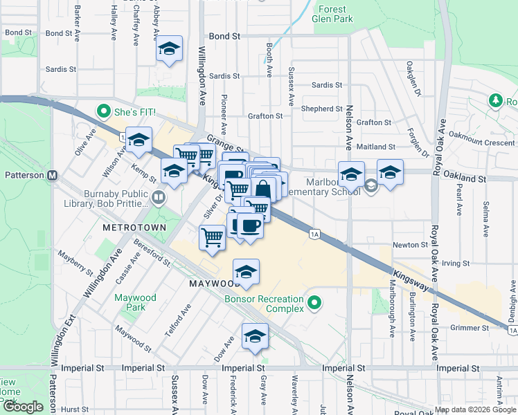 map of restaurants, bars, coffee shops, grocery stores, and more near 4700 Kingsway in Burnaby