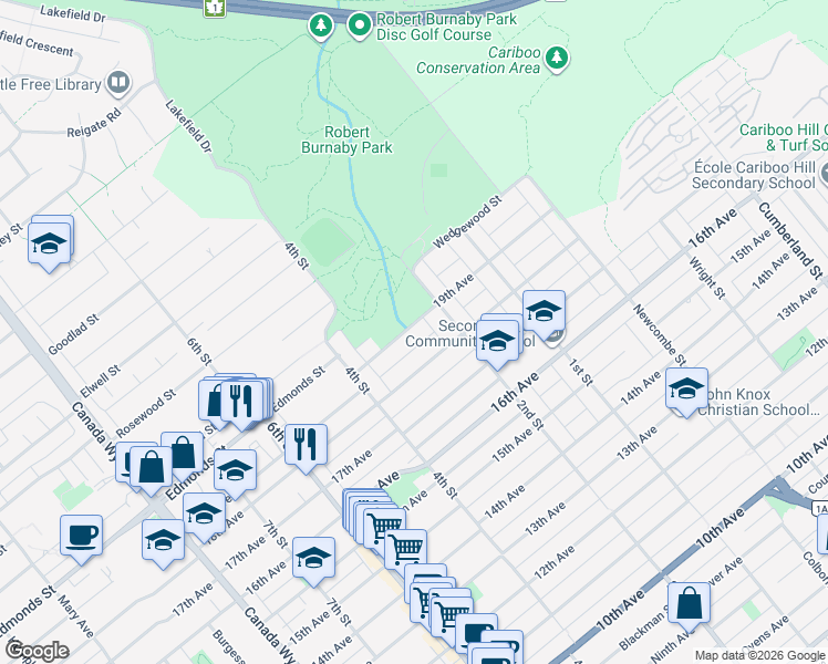 map of restaurants, bars, coffee shops, grocery stores, and more near 8074 19th Avenue in Burnaby