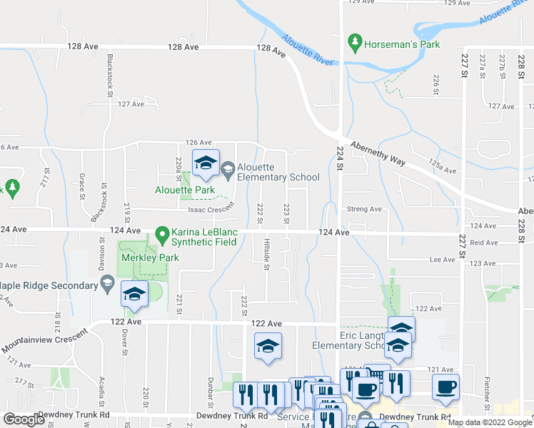 map of restaurants, bars, coffee shops, grocery stores, and more near 12438 222 Street in Maple Ridge