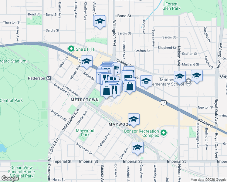 map of restaurants, bars, coffee shops, grocery stores, and more near 6080 McKay Avenue in Burnaby