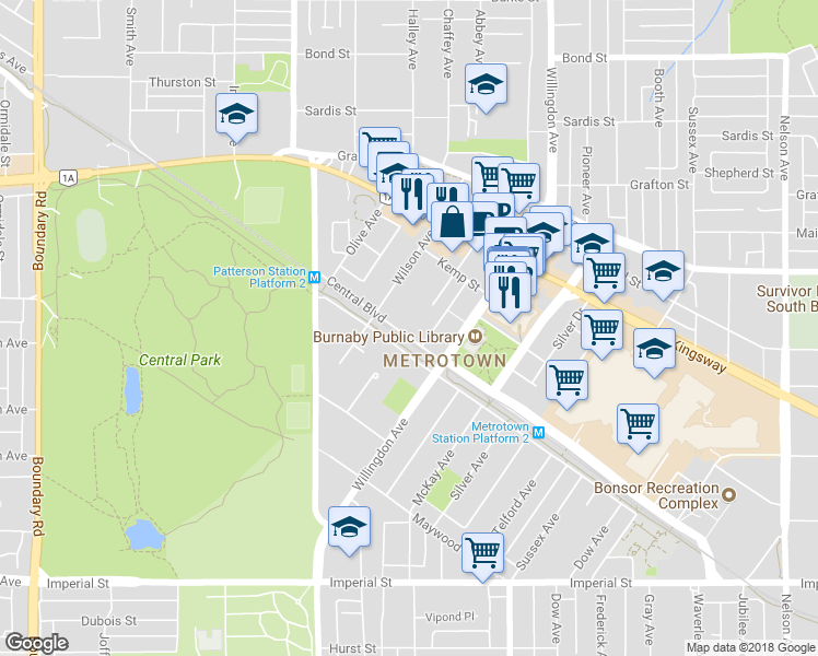 map of restaurants, bars, coffee shops, grocery stores, and more near 6081 Kathleen Avenue in Burnaby