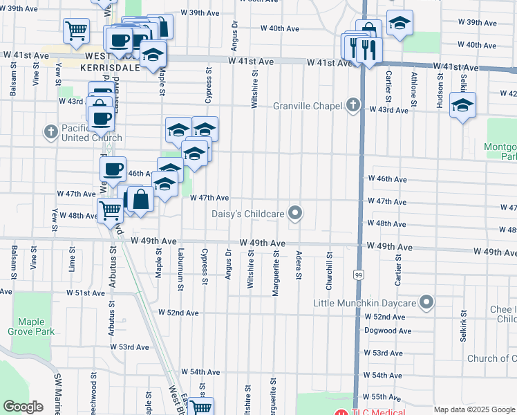 map of restaurants, bars, coffee shops, grocery stores, and more near 6336 Wiltshire Street in Vancouver