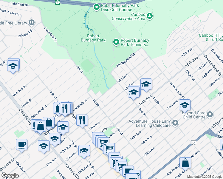 map of restaurants, bars, coffee shops, grocery stores, and more near 8076 19th Avenue in Burnaby