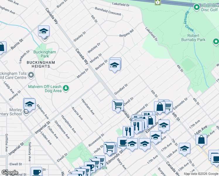map of restaurants, bars, coffee shops, grocery stores, and more near 6740 Canada Way in Burnaby