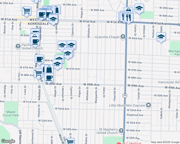 map of restaurants, bars, coffee shops, grocery stores, and more near 6336 Wiltshire Street in Vancouver