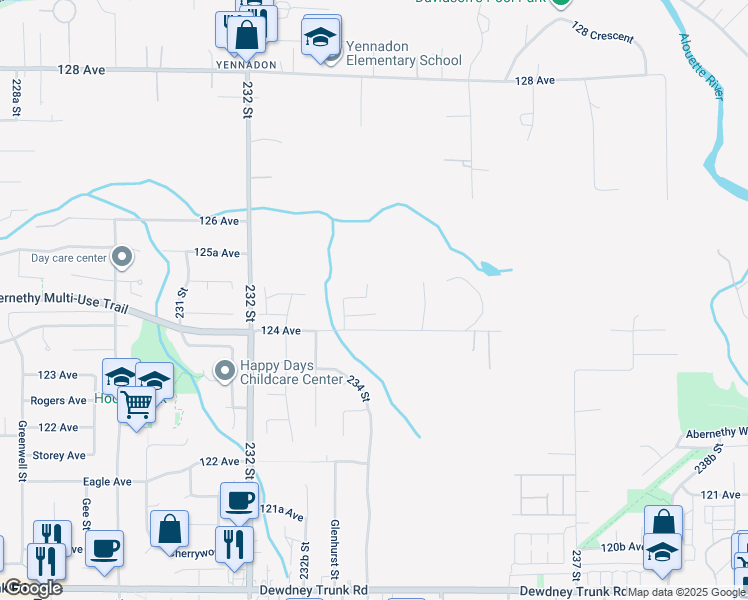 map of restaurants, bars, coffee shops, grocery stores, and more near 23382 124A Avenue in Maple Ridge