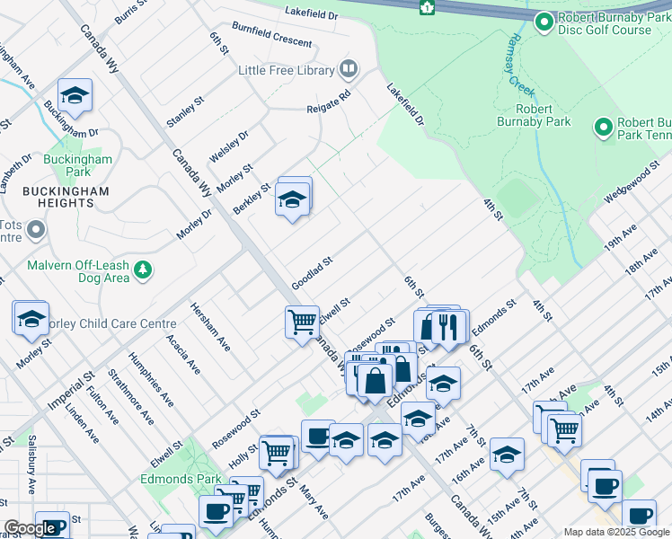 map of restaurants, bars, coffee shops, grocery stores, and more near 7790 Goodlad Street in Burnaby