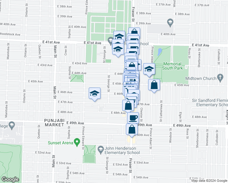 map of restaurants, bars, coffee shops, grocery stores, and more near 545 East 46th Avenue in Vancouver