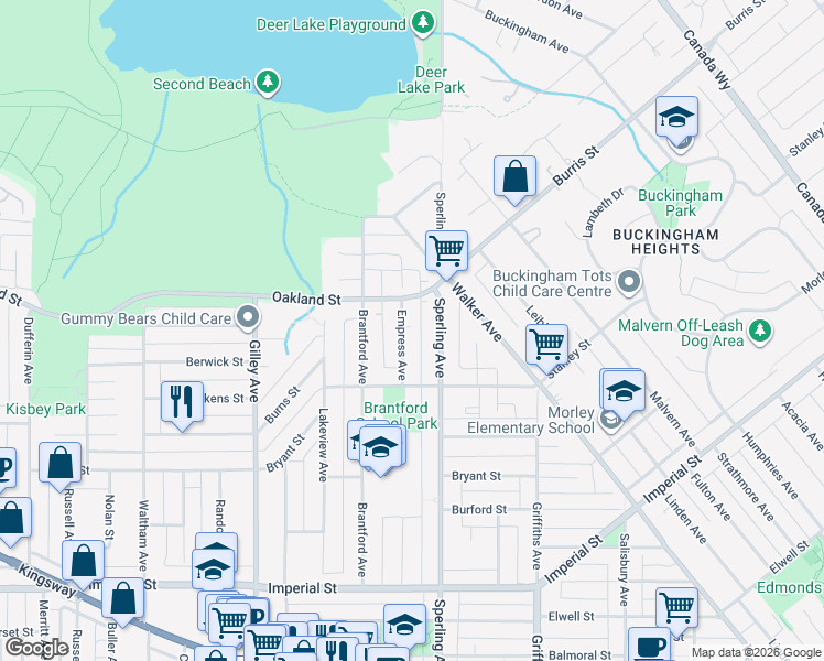 map of restaurants, bars, coffee shops, grocery stores, and more near 6110 Empress Avenue in Burnaby