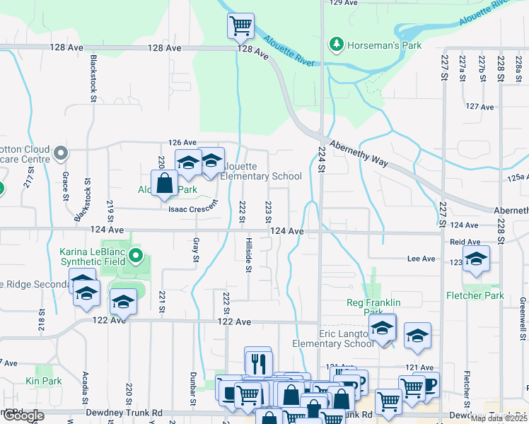 map of restaurants, bars, coffee shops, grocery stores, and more near 12451 223 Street in Maple Ridge