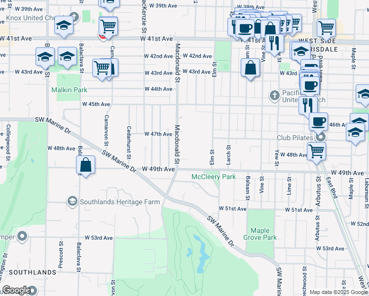 map of restaurants, bars, coffee shops, grocery stores, and more near 6420 Macdonald Street in Vancouver