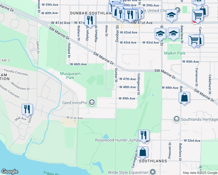 map of restaurants, bars, coffee shops, grocery stores, and more near 3663 West 48th Avenue in Vancouver