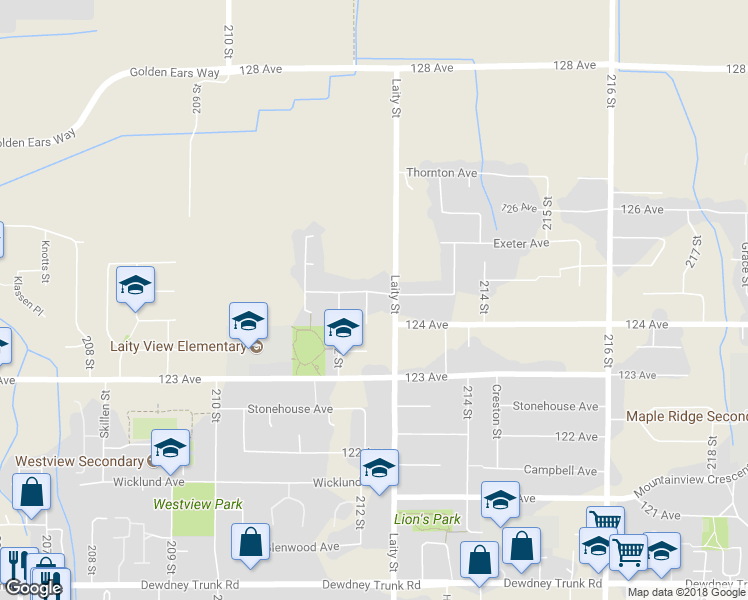 map of restaurants, bars, coffee shops, grocery stores, and more near 12410 Dawson Place in Maple Ridge