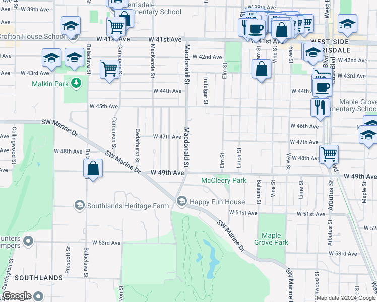 map of restaurants, bars, coffee shops, grocery stores, and more near 6420 Macdonald Street in Vancouver