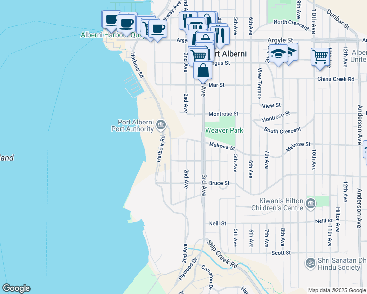 map of restaurants, bars, coffee shops, grocery stores, and more near 2682 2nd Avenue South in Port Alberni