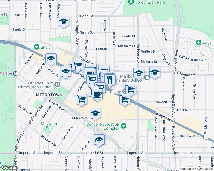 map of restaurants, bars, coffee shops, grocery stores, and more near 4705 Kingsway in Burnaby