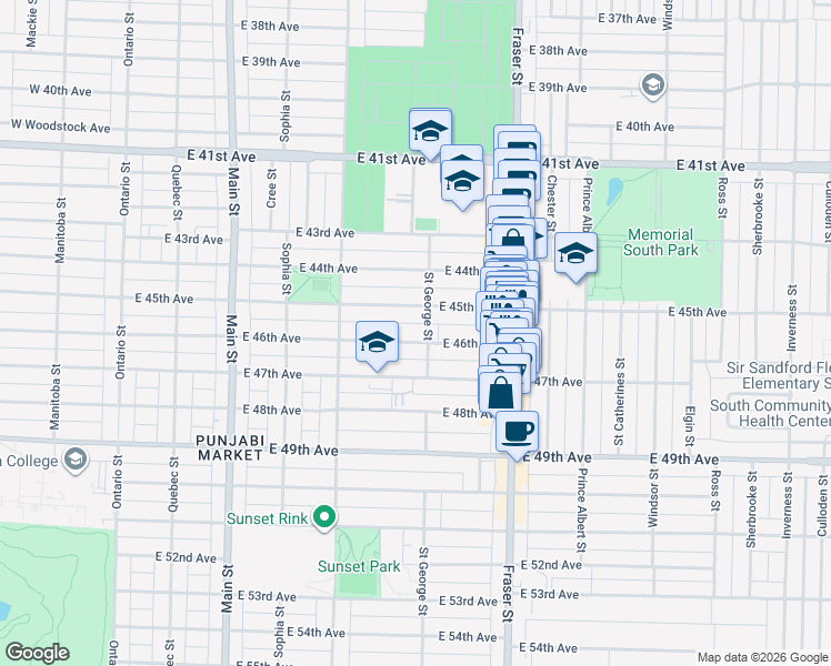 map of restaurants, bars, coffee shops, grocery stores, and more near 485 East 46th Avenue in Vancouver