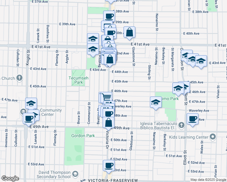 map of restaurants, bars, coffee shops, grocery stores, and more near East 46th Avenue in Vancouver
