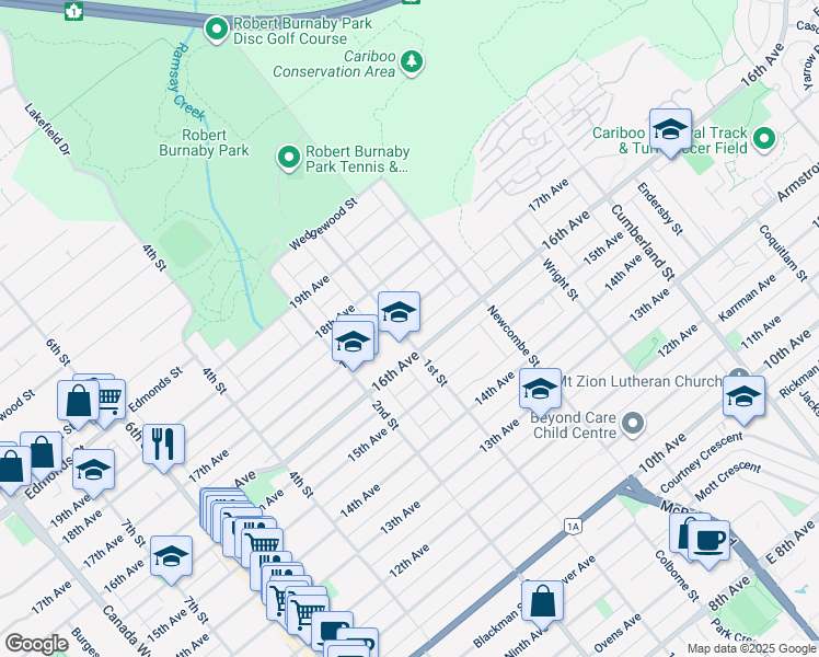 map of restaurants, bars, coffee shops, grocery stores, and more near 7522 1st Street in Burnaby