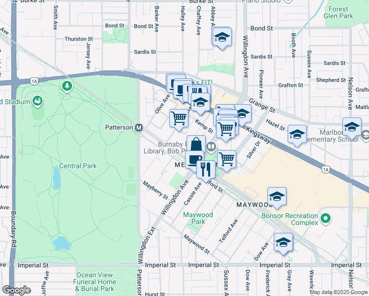 map of restaurants, bars, coffee shops, grocery stores, and more near 4333 Central Boulevard in Burnaby