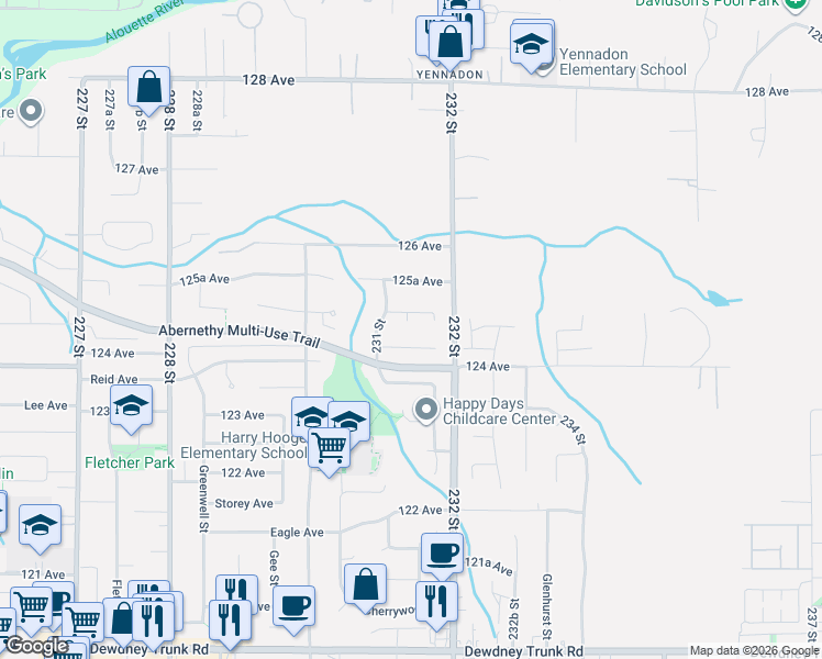 map of restaurants, bars, coffee shops, grocery stores, and more near 12462 231A Street in Maple Ridge