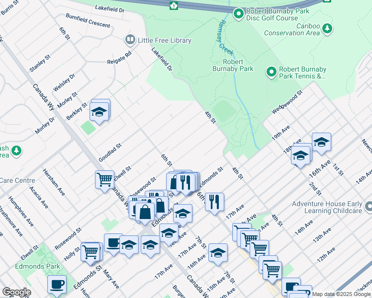 map of restaurants, bars, coffee shops, grocery stores, and more near 7943 Rosewood Street in Burnaby