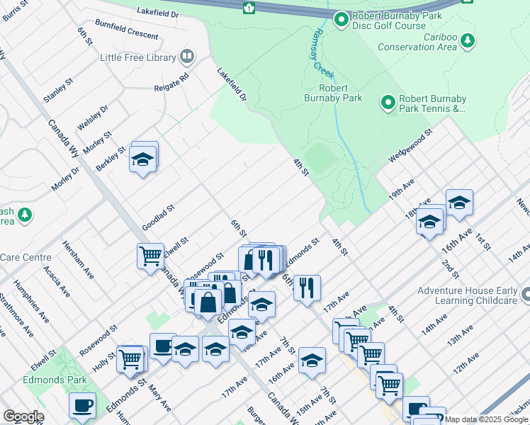 map of restaurants, bars, coffee shops, grocery stores, and more near 7943 Rosewood Street in Burnaby