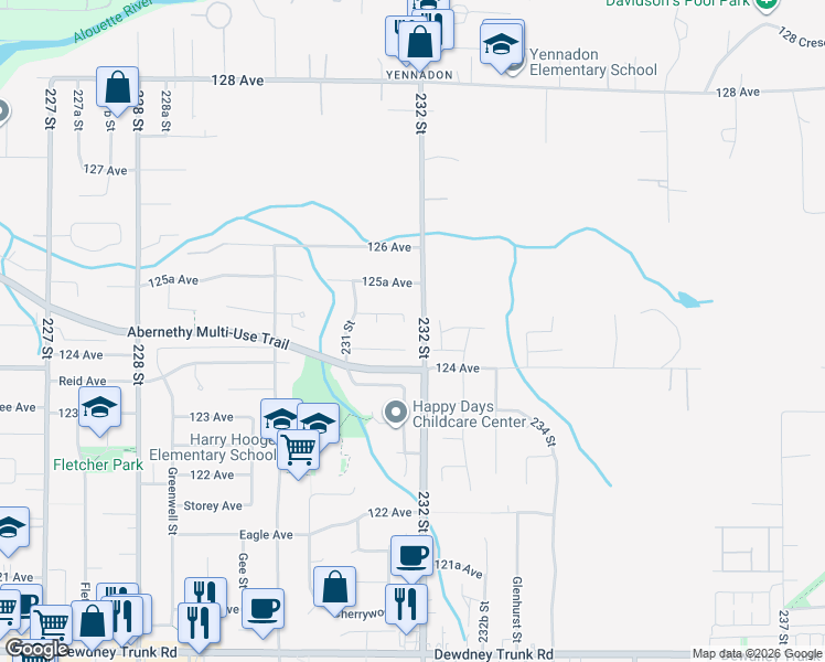 map of restaurants, bars, coffee shops, grocery stores, and more near 12456 231B Street in Maple Ridge