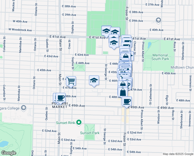 map of restaurants, bars, coffee shops, grocery stores, and more near 455 East 46th Avenue in Vancouver