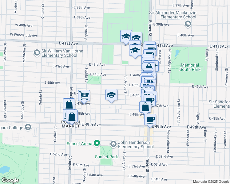 map of restaurants, bars, coffee shops, grocery stores, and more near 455 East 46th Avenue in Vancouver