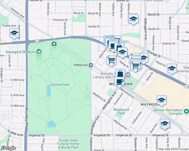 map of restaurants, bars, coffee shops, grocery stores, and more near 6128 Patterson Avenue in Burnaby