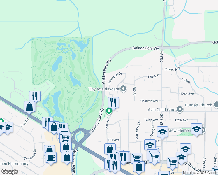 map of restaurants, bars, coffee shops, grocery stores, and more near 12416 Davenport Drive in Maple Ridge